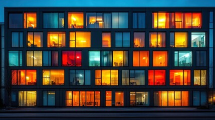 Night view of illuminated office building curtain wall, showing various lit rooms creating checkerboard effect