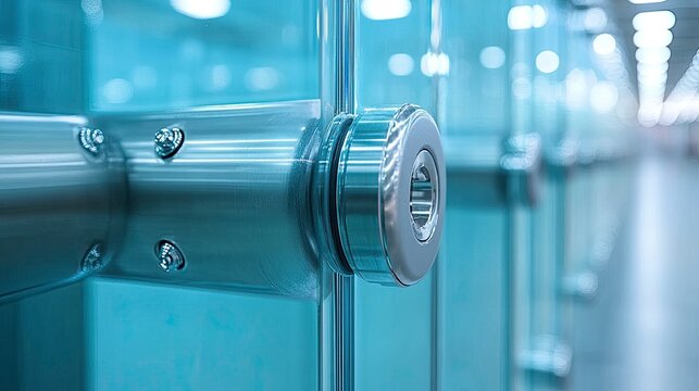 Close-up of spider fitting glass connections on curtain wall system, showing technical detail and precision engineering