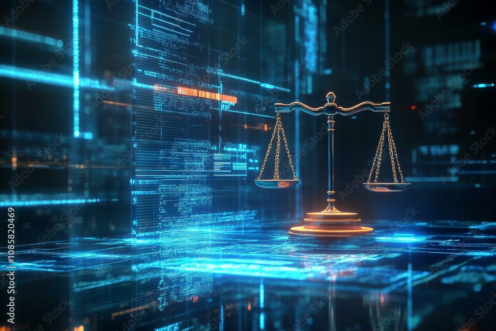 Poster futuristic justice theme judge s gavel and scales on a virtual table in digital cyberspace