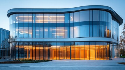 Fototapeta premium Curved curtain wall facade with rippling glass panels, displaying innovative architectural design