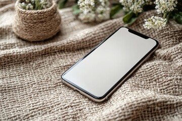 Smartphone with a blank white screen resting on a fabric background, slight shadow cast from nearby object, minimalistic composition, mockup for design