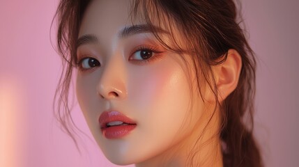 Fototapeta premium A close-up portrait of a young woman with glowing skin, soft makeup, and a dreamy background, conveying beauty and elegance.