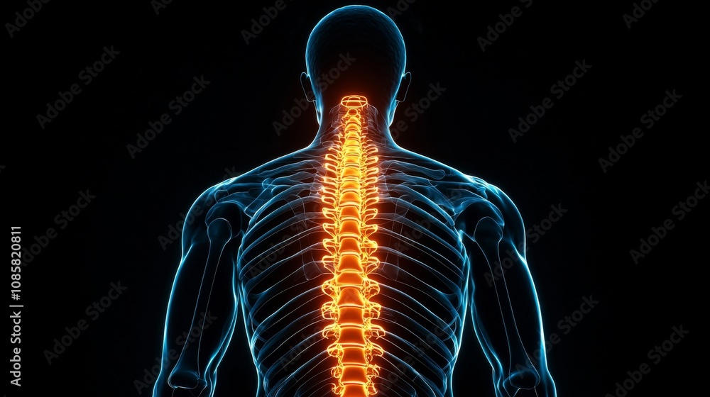 Poster a digital representation of a human spine illuminated against a dark background, highlighting verteb
