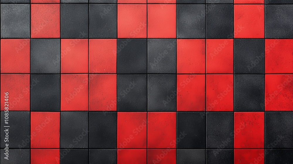 Poster a pattern of red and black tiles arranged in a grid, creating a bold and striking visual effect.