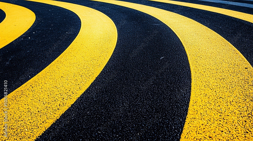 Poster a close-up view of a road with bold yellow curves against a dark surface, showcasing a striking patt