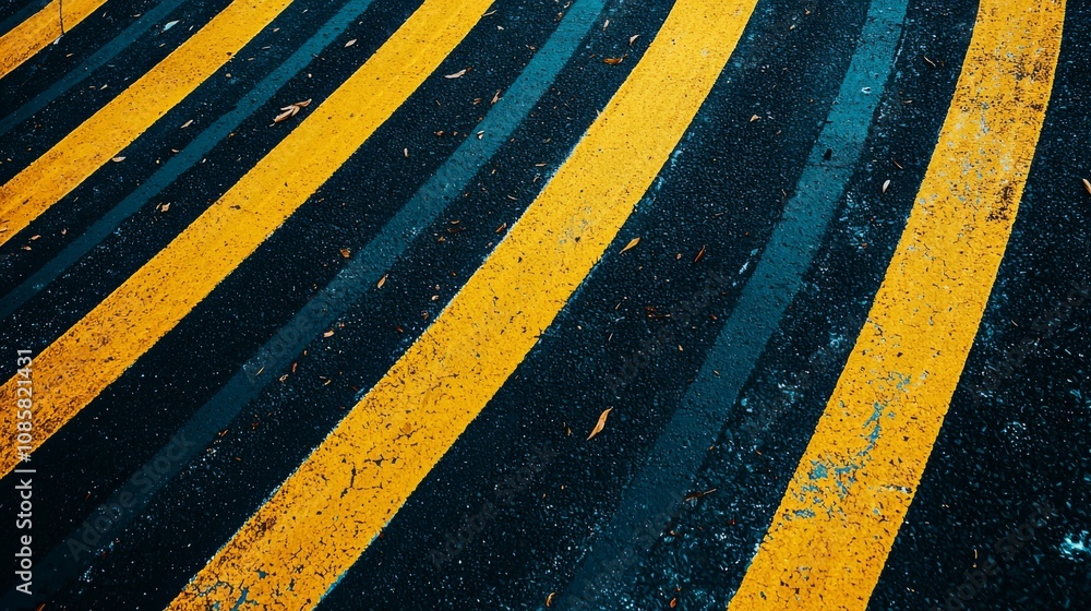 Poster a close-up view of a textured road surface featuring bold yellow and dark blue stripes, creating a d