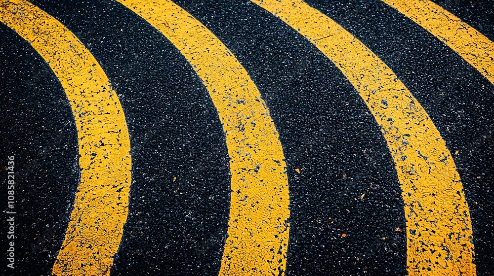 Poster a close-up of a road surface featuring prominent yellow curved lines, creating a visually striking p