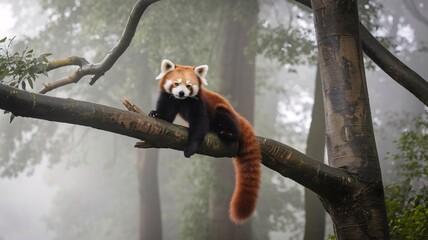 Red Panda Relaxing on Tree Branch in Misty Forest