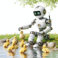 Fototapeta premium A robot plays with ducklings by the pond.