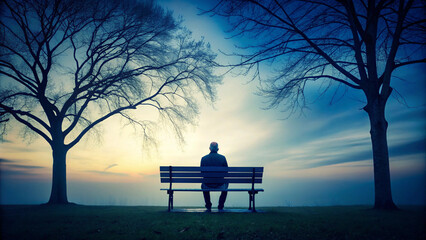 Silhouette of a person sitting on a bench between two bare trees, gazing at a serene twilight sky, evoking a sense of solitude and peaceful reflection