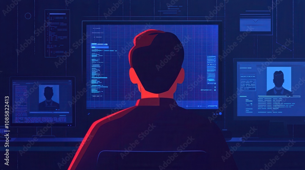 Poster cybersecurity monitoring digital workspace animated graphics tech environment user perspective socia