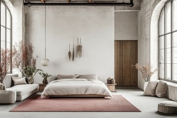 Stylish industrial bedroom design featuring concrete elements, wooden furniture, and natural light