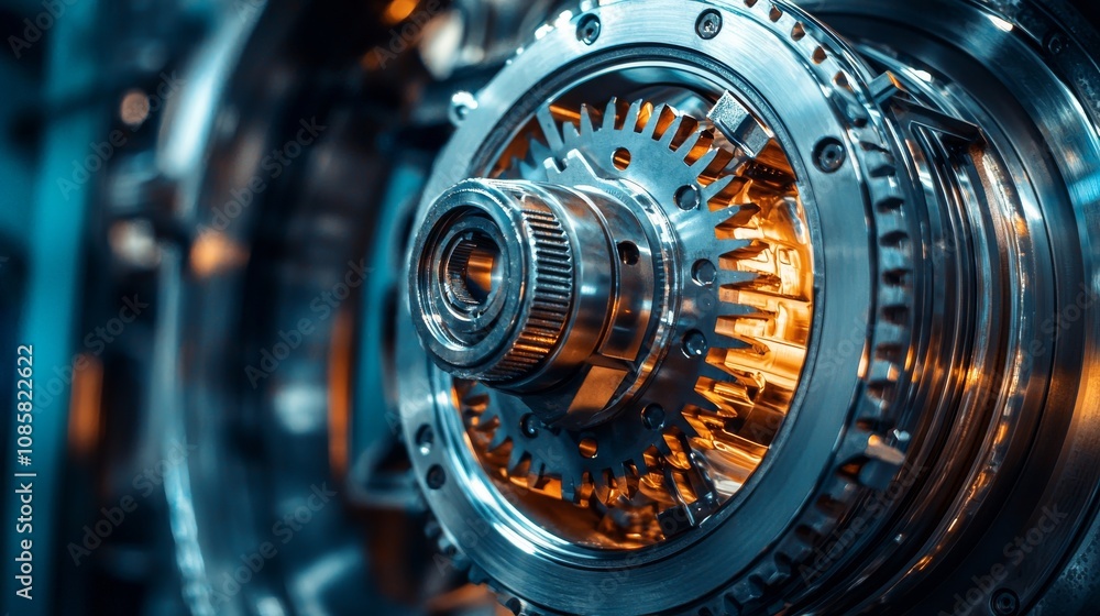 Poster a close-up view of a metallic gear mechanism, showcasing intricate details and glowing elements that