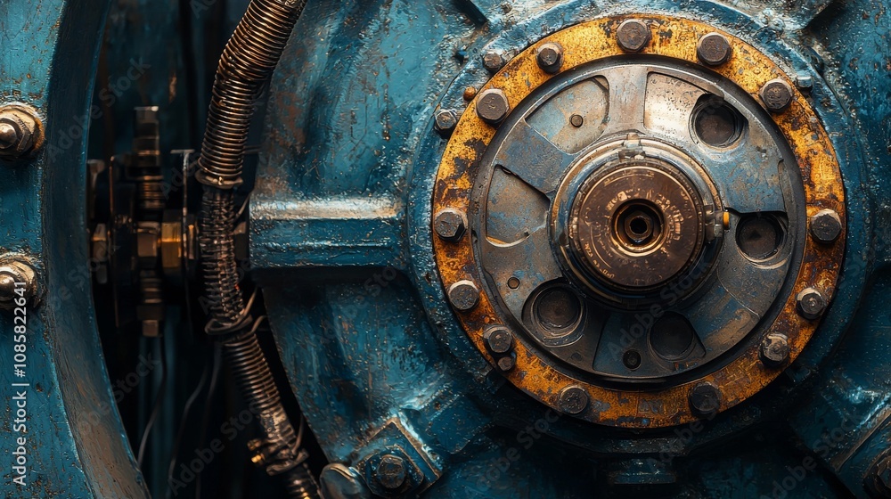 Poster a close-up view of a rusty, blue industrial machine component, showcasing intricate details and text