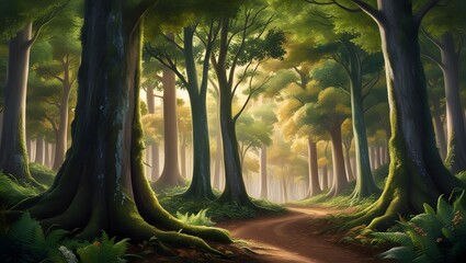 a forest with a stream running through it and a forest with trees in the background.