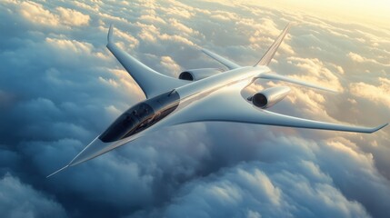 Futuristic Airplane Flying Above Clouds at Sunset