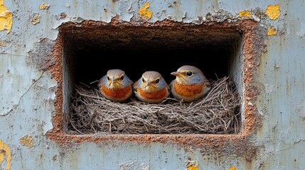 Birds nesting in curtain wall corner detail, urban wildlife adaptation