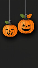 Cheerful Halloween pumpkins hanging with leaves, perfect for festive decor. Their playful expressions add joyful touch to celebration