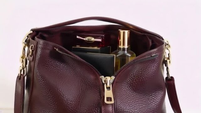 A purse with a zipper on the side is open and has a bottle of perfume inside. The purse is brown and has a gold zipper pull