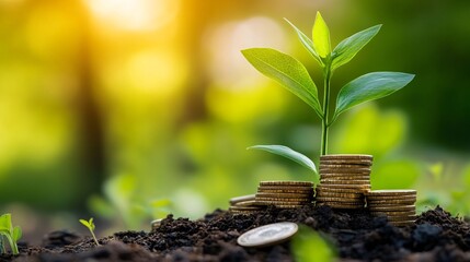 Growing Plant Emerging from Stacked Coins Symbolizing Financial Growth and Sustainability in a Natural Environment with Soft Sunlight Background