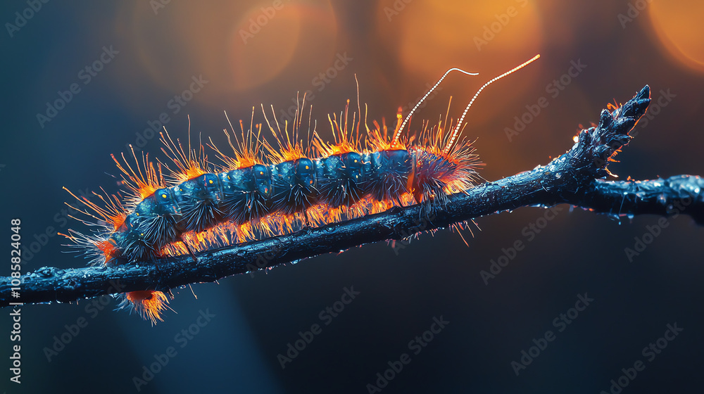 Poster a vibrant macro view of a colorful caterpillar resting on a twig during early morning light in a ser