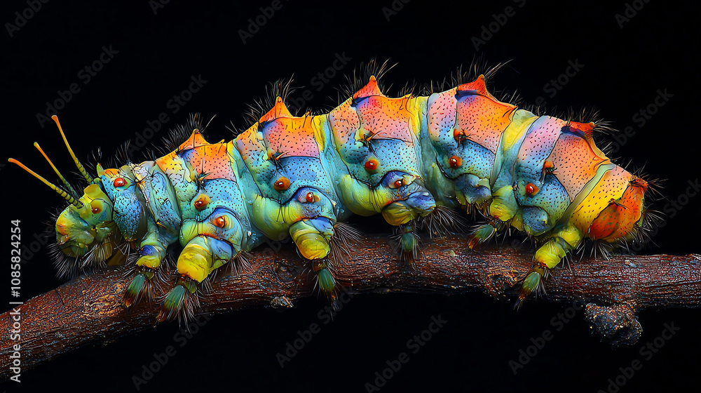 Poster a vibrant macro shot of a colorful caterpillar resting on a twig in a natural setting during daytime