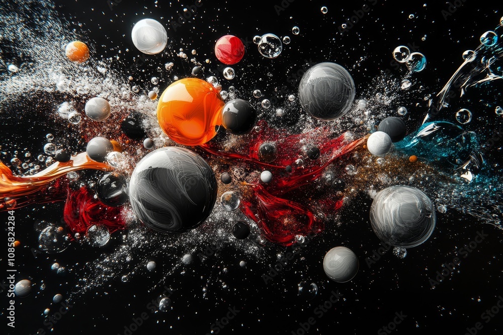 Aufkleber dynamic composition of abstract objects in space collision of spheres and fluid forms
