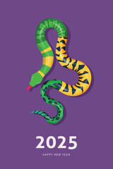 Chinese New Year Snake 2025 modern art design Set for branding cover, greeting card, poster, banner. zodiac symbol. Violet and green colors