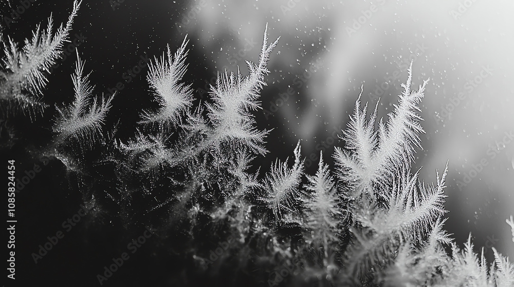 Poster intricate frost patterns forming on a windowpane during a cold winter morning in a quiet urban setti