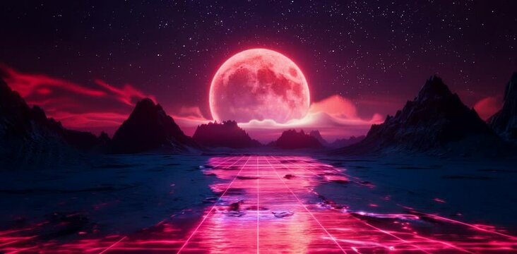 Paisaje Synthwave: Horizonte retrofuturista con luna y monta&ntilde;as.