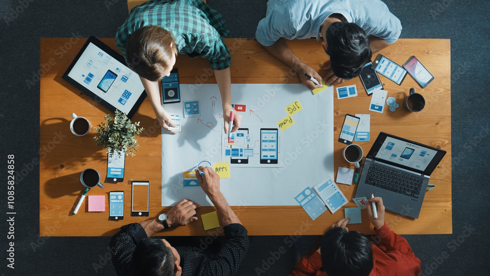 Aufkleber top view of developer team sharing idea of ux ui design by using mind map. top down view of group of