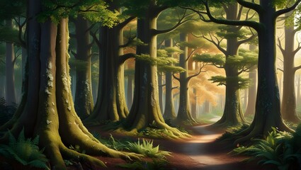 a forest with a stream running through it and a forest with trees in the background.