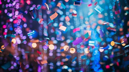 Confetti burst in a corporate event hall celebrating company milestones