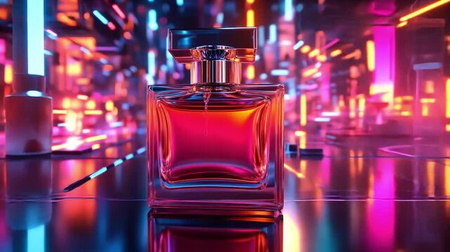 A bottle of perfume is displayed in a cityscape with neon lights