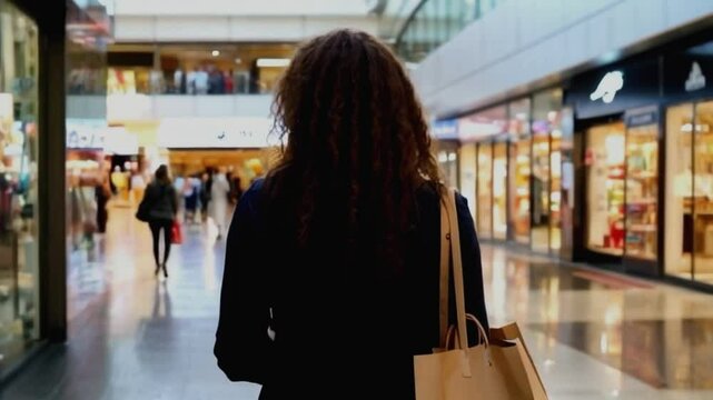A woman walks through a shopping mall with a shopping bag