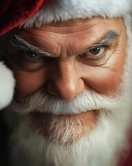 Close-up of Santa Claus with a sly, intense gaze, finely textured wrinkles and beard, and classic red hat, radiating festive charm and a hint of mystery.