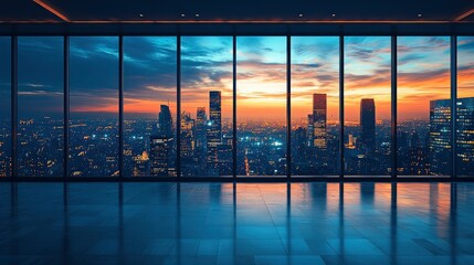 Fototapeta premium Night view of empty office with curtain wall showing city lights beyond
