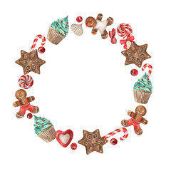 A wreath of homemade Christmas pastries and sweets. Candies, lollipops, gingerbread, cupcakes, berries are hand-painted in watercolor on a white background. For holiday design, packaging, invitations