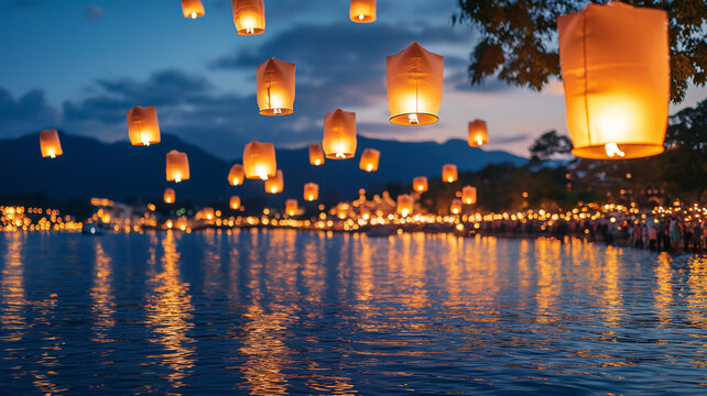 Magical lanterns illuminate night sky over serene lake, creating peaceful atmosphere