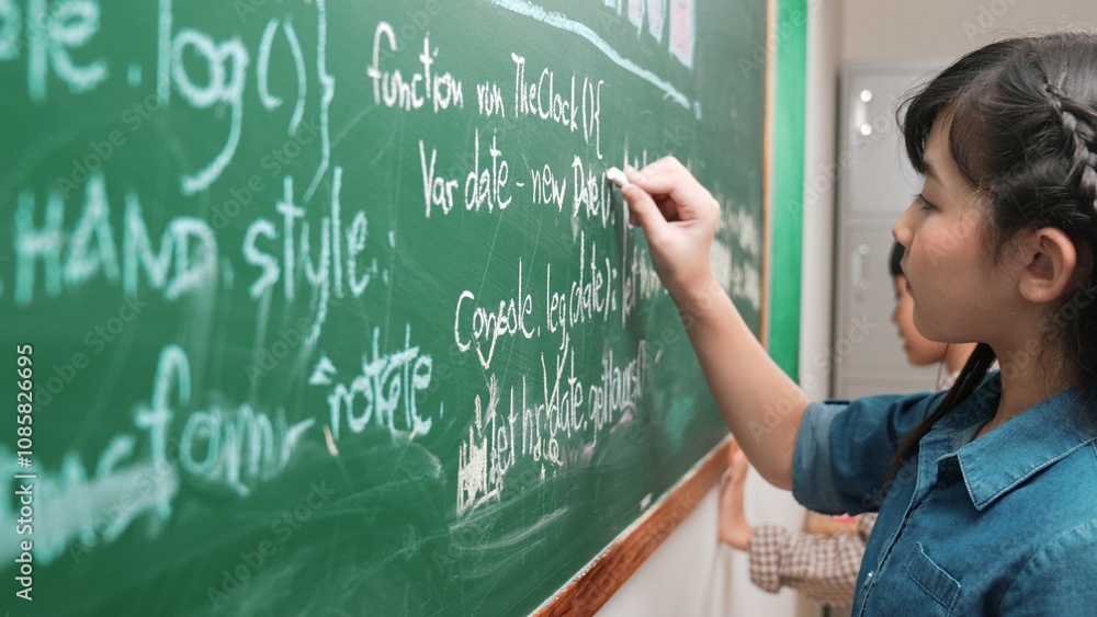 Poster skilled asian girl writing engineering prompt and programing system while standing blackboard with g