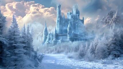 Fototapeta premium Frozen palace amidst snow-covered trees and misty mountains, glowing under a vibrant winter sky