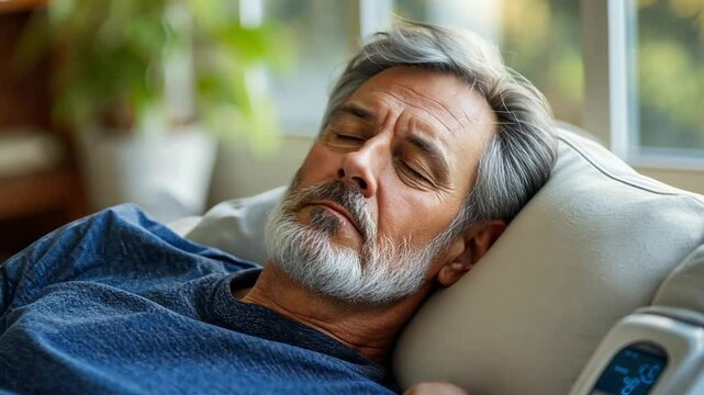 A man is lying on a sofa with a blood pressure measuring device next to him