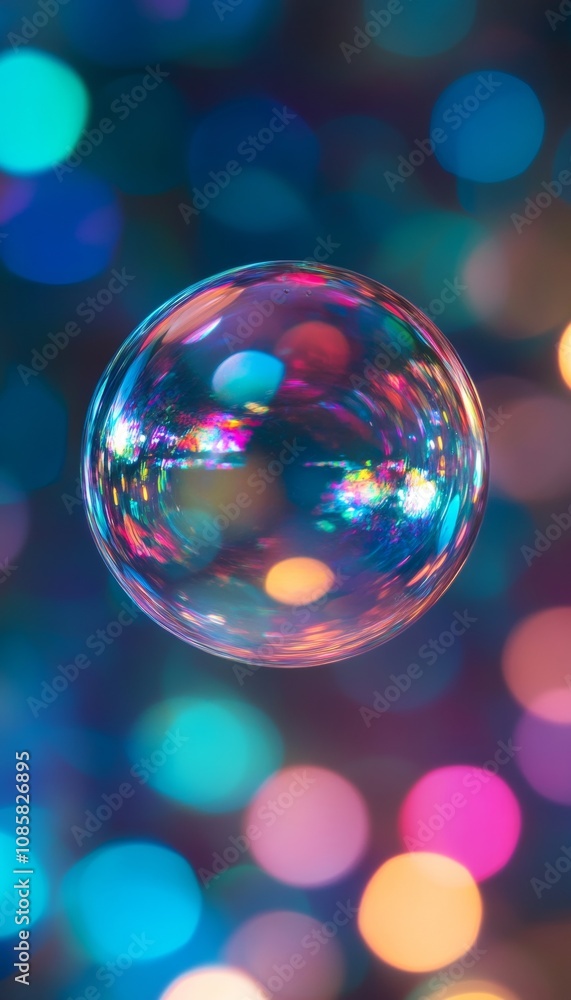 Poster iridescent soap bubble in macro photography with colorful reflections and dreamlike bokeh