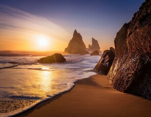 A serene beach with massive, weathered rock formations rising from the sand.