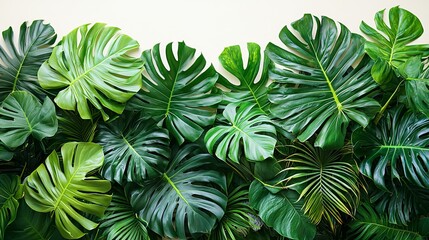 A lush arrangement of green tropical leaves creating a vibrant, natural backdrop.