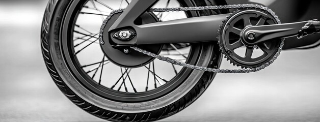 Obraz premium Close-up view of a dynamic electric motorcycle wheel and chain showcasing intricate textures in black and white at a high resolution