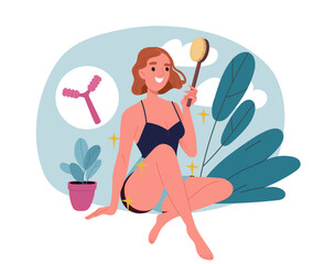 Woman with body massage brush. Young girl with skin care. Beauty procedures and treatment. Aesthetics and elegance. Hygiene and cleanliness. Flat vector illustration isolated on white background