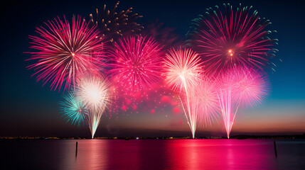 Fireworks illuminating the night sky over a reservoir. City lights are visible in the distance. For desktop wallpapers, event advertising, travel brochures, holiday and vacation related websites