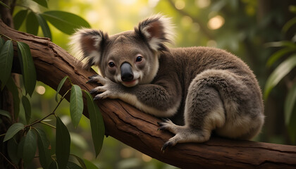 Fototapeta premium cute koala resting on a tree branch surrounded by lush greenery in its natural habitat