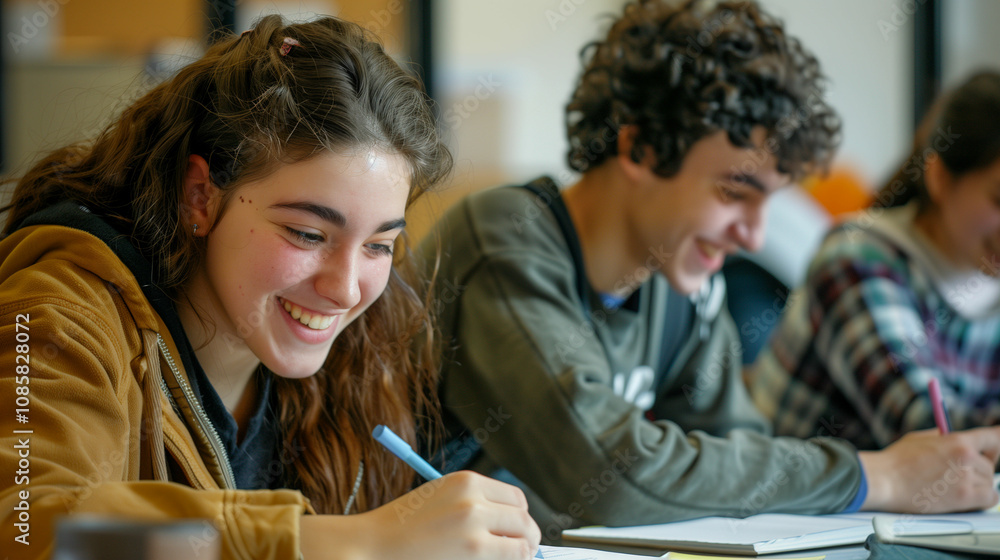 Poster students smiling and studying together in a classroom setting.
